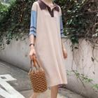 Color Block Elbow-sleeve Knitted Polo Dress