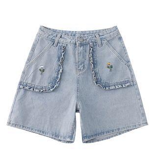 High Waist Frilled Floral Embroidered Denim Shorts