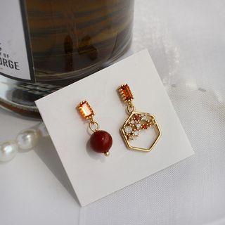 Non-matching 925 Sterling Silver Hexagon Rhinestone & Bead Dangle Earring 1 Pair - One Size