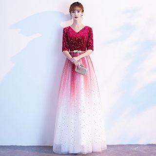 Elbow-sleeve Gradient Mesh A-line Gown