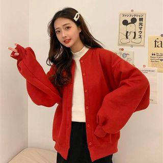 Lantern-sleeve Plain Cardigan