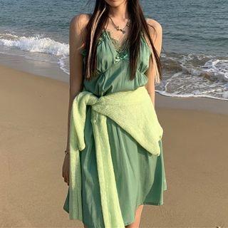 Spaghetti-strap Lace Trim Mini A-line Dress / Cardigan