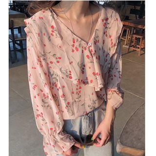 Retro Floral Long-sleeve Chiffon Shirt Top