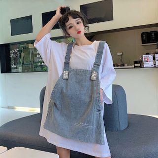 Mock Two-piece Short-sleeve Lettering Denim Panel T-shirt