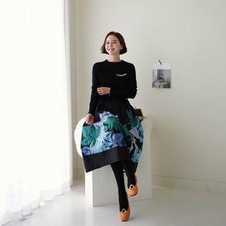 Mock Two-piece Bird Print Dress Black - One Size