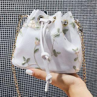 Embroidered Flower Faux Leather Bucket Bag