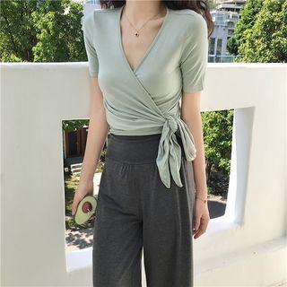 Short-sleeve Wrap Top / High-waist Wide-leg Pants