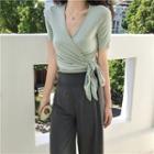 Short-sleeve Wrap Top / High-waist Wide-leg Pants