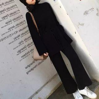 Set: Mock-neck Tie-waist Knit Top + Wide Leg Pants