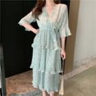 Floral V-neck Bell-sleeve Dress