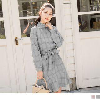 Frilled Trim Stand Collar Plaid Mermaid Dress