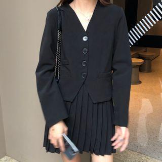 V-neck Button Jacket / Mini Pleated Skirt