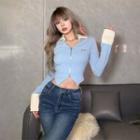 Long-sleeve Collared Lettering Zip Cropped Knit Top