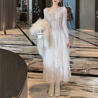 Long-sleeve Lace Top / Irregular Midi A-line Mesh Skirt