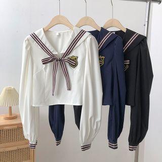 Long-sleeve Sailor Collar Logo Embroidered Top