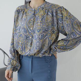 Mandarin-collar Balloon-sleeve Paisley Blouse