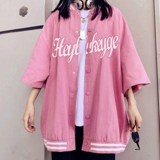 Couple Matching Elbow-sleeve Lettering Button-up Jacket