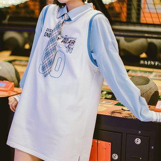 Long-sleeve Shirt With Tie / Printed Knit Tank Top