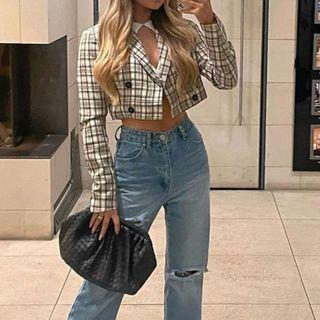 Long Sleeve Plaid Crop Blazer
