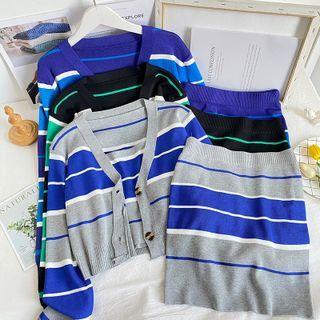 Colorblock Striped Tube Top / Cropped Cardigan / Mini Skirt