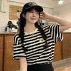 Short-sleeve Bear Embroidered Striped T-shirt Stripes - Black & White - One Size