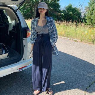 Lace-up Pants / Tank Top / Plaid Shirt