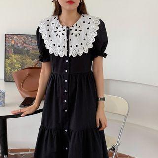 Short-sleeve Eyelet Lace Midi A-line Dress Black - One Size