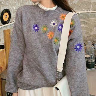 Flower Embroidered Sweater Gray - One Size