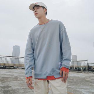 Panel Trim Distressed Round Neck Pullover