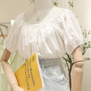 Puff-sleeve Crinkled Buttoned Top