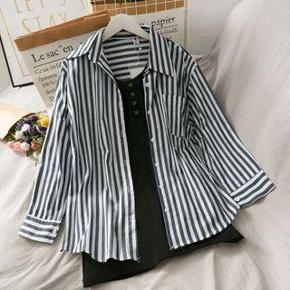 Set: Striped Loose Shirt + Sleeveless Mini Dress As Shown In Figure - One Size