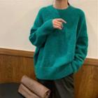 Long-sleeve Plain Sweater Vintage Green - One Size