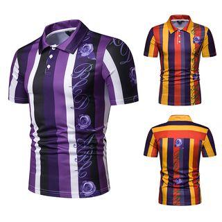 Short-sleeve Striped Rose Print Polo Shirt