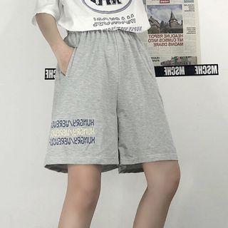 Band-waist Lettering Wide-leg Shorts