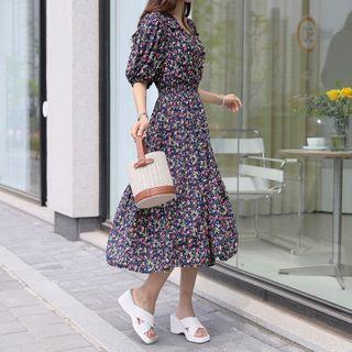 V-neck Smocked-waist Floral Dress Navy Blue - One Size