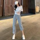 Long-sleeve Off-shoulder Lettering Crop Top / Lettering Waistband Sweatpants