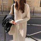 Long-sleeve V-neck Plain Button-up Dress