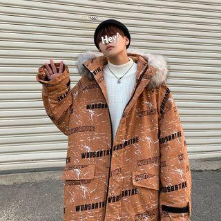 Long-sleeve Fluffy Collared Letter Print Zip Jacket
