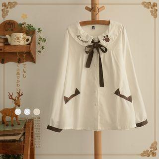 Tie Neck Embroidered Blouse White - One Size