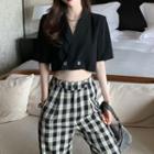 Short-sleeve Double Breasted Cropped Top / High-waist Plaid Pants