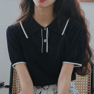 Contrast Trim Short-sleeve Cropped Knit Polo Shirt Black - One Size