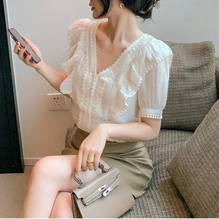 Short Sleeve V-neck Lace Panel Chiffon Top