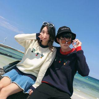 Couple Matching Contrast Stripe Embroidery Sweater