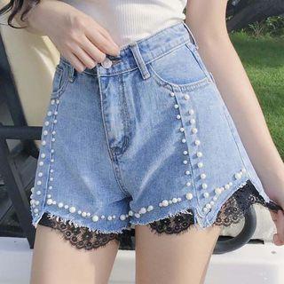 Embellished Lace Trim Denim Shorts