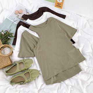 Short-sleeve Plain Mock Two-piece Cut Out T-shirt