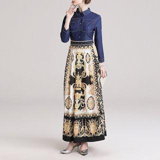 Mock Two-piece 3/4-sleeve A-line Patterned Maxi Dress