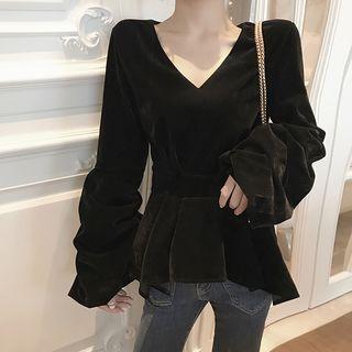 Puff-sleeve Ruffle Hem Velvet Top
