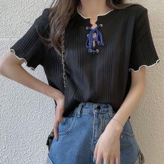 Lace-up Lettuce Edge Knit Top