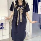 Ruffle Trim Sailor Collar Midi A-line Dress