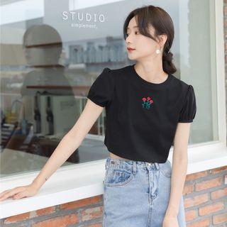 Puff-sleeve Flower Embroidered T-shirt Black - One Size